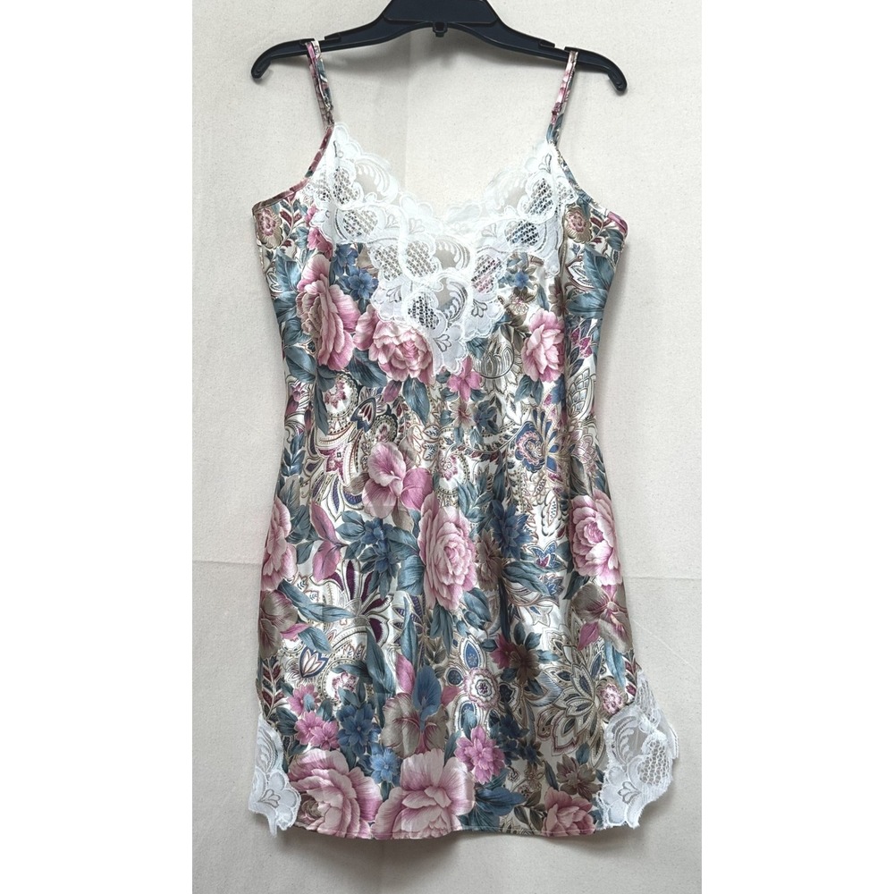 Vtg 90s Victorias Secret Gold Label Coquette Floral Satin Lace Chemise Dress M - Picture 8 of 8